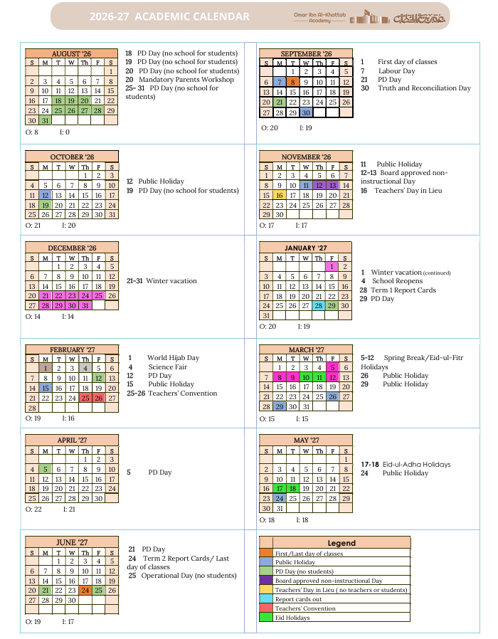 OIA Academy 2026-2027 Academic Calendar
